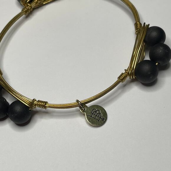 BOURBON & BOWETIES gold tone bracelet bangle 3 black beads jewelry wire wrapped - Picture 4 of 9